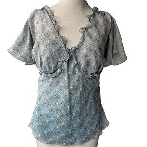 MAX STUDIO 100% Silk Fairycore Blouse Short Flutter Sleeves Ruffles Blue S